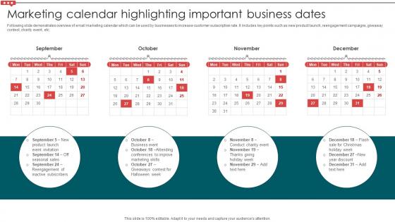 Marketing Calendar Highlighting Important Business Dates Email Campaign Development Strategic