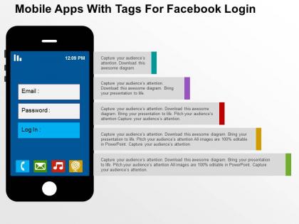 Mobile apps with tags for facebook login flat powerpoint design