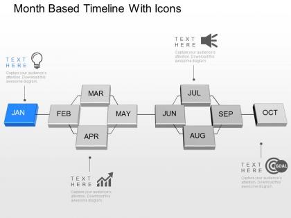 Month based timeline with icons powerpoint template slide