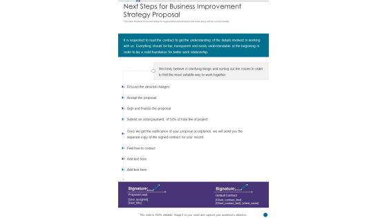 Next Steps For Business Improvement Strategy Proposal One Pager Sample Example Document