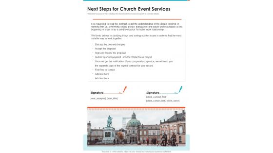 Next Steps For Church Event Services One Pager Sample Example Document