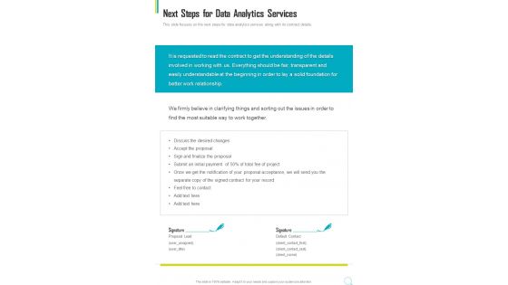 Next Steps For Data Analytics Services One Pager Sample Example Document