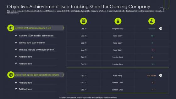 Objective Achievement Issue Tracking Sheet For Gaming Company