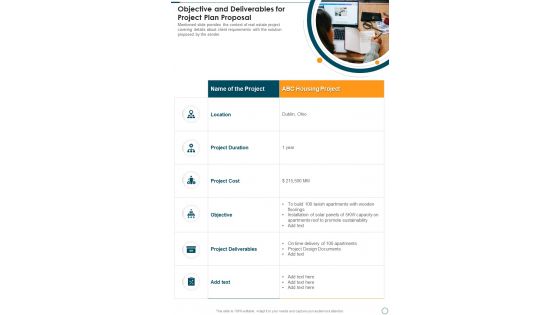 Objective And Deliverables For Project Plan Proposal One Pager Sample Example Document