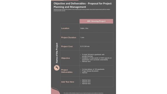 Objective And Deliverables For Project Planning And Management One Pager Sample Example Document