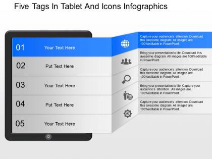 Oc five tags in tablet and icons infographics powerpoint template