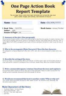 One page action book report template presentation report infographic ppt pdf document