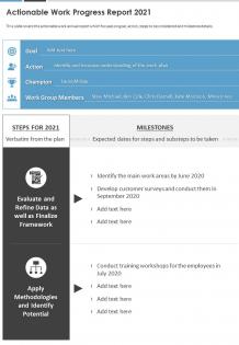 One page actionable work progress report 2021 presentation report infographic ppt pdf document