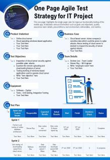 One page agile test strategy for it project presentation report infographic ppt pdf document