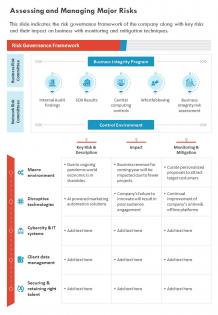 One page assessing and managing major risks presentation report infographic ppt pdf document