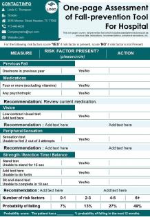 One page assessment of fall prevention tool for hospital presentation report infographic ppt pdf document