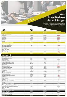 One page business annual budget presentation report infographic ppt pdf document