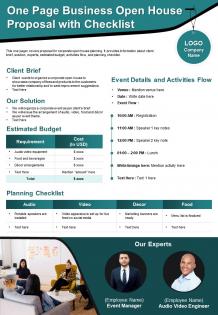 One page business open house proposal with checklist presentation report infographic ppt pdf document