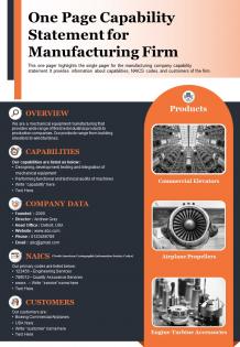 One page capability statement for manufacturing firm presentation report infographic ppt pdf document