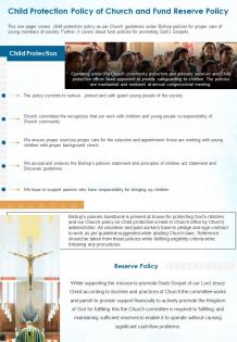 One page child protection policy of church and fund reserve policy presentation report infographic ppt pdf document