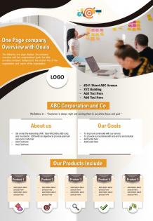 One page company overview with goals presentation report infographic ppt pdf document