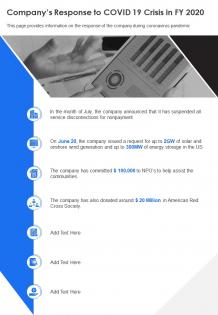 One page companys action plan to covid19 crisis in fy20 template 235 report infographic ppt pdf document