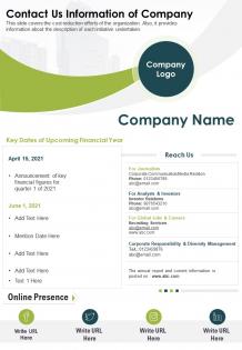 One page contact us information of company presentation report infographic ppt pdf document