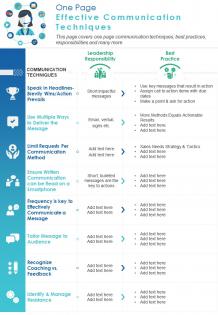 One page effective communication techniques presentation report infographic ppt pdf document