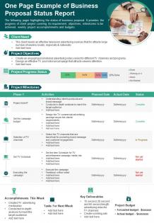 One page example of business proposal status report presentation infographic ppt pdf document