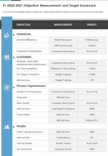 One page fy 2020 2021 objective measurement and target scorecard report infographic ppt pdf document