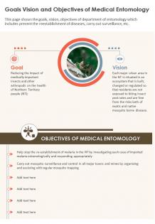 One page goals vision and objectives of medical entomology presentation report infographic ppt pdf document