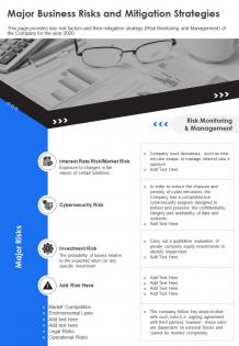 One page key business risks monitoring and mitigation strategies template 246 presentation ppt pdf document