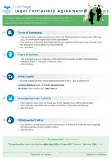 One page legal partnership agreement presentation report infographic ppt pdf document