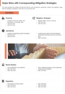 One page major risks with corresponding mitigation strategies report infographic ppt pdf document