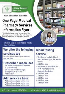 One page medical pharmacy services information flyer presentation report infographic ppt pdf document