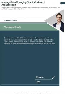 One page message from managing director for payroll annual report infographic ppt pdf document