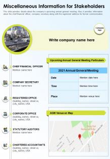 One page miscellaneous information for stakeholders presentation report infographic ppt pdf document