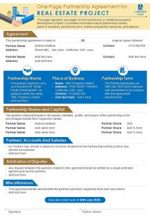 One page partnership agreement for real estate project presentation report infographic ppt pdf document