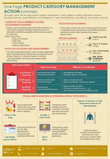 One page product category management action summary presentation report infographic ppt pdf document