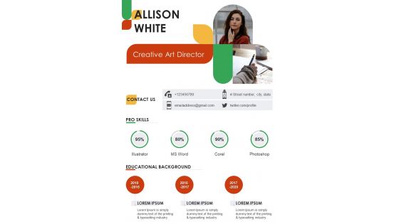 One Page Professional Resume For Creative Art Director Presentation Report Infographic Ppt Pdf Document