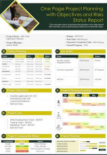 One Page Project Planning With Objectives And Risks Status Report Presentation Infographic Ppt Pdf Document