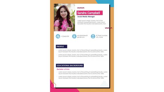 One Page Resume For Social Media Manager Presentation Report Infographic Ppt Pdf Document