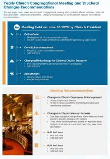 One page yearly church congregational meeting and structural changes recommendations ppt pdf document