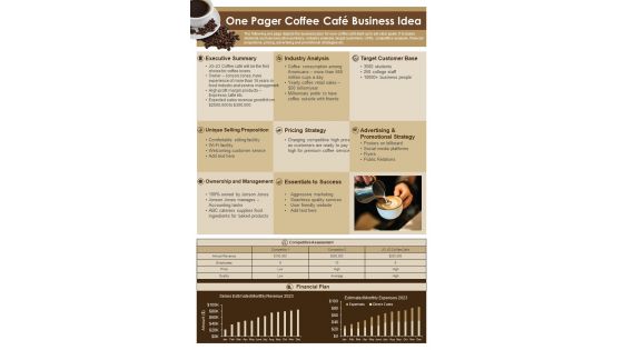 One Pager Coffee Cafe Business Idea Presentation Report Infographic Ppt Pdf Document