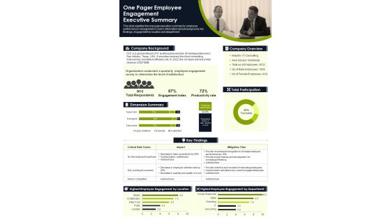 One Pager Employee Engagement Executive Summary Presentation Report Infographic PPT PDF Document