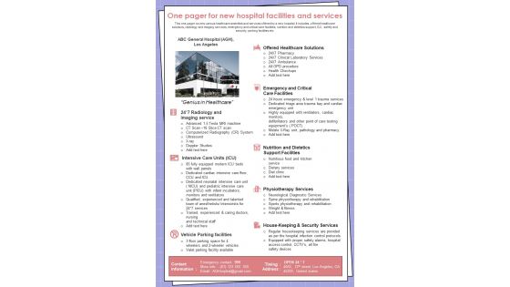 One Pager For New Hospital Facilities And Services Presentation Report Infographic Ppt Pdf Document