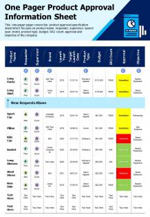 One pager product approval information sheet presentation report infographic ppt pdf document