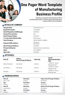 One pager word template of manufacturing business profile presentation report infographic ppt pdf document