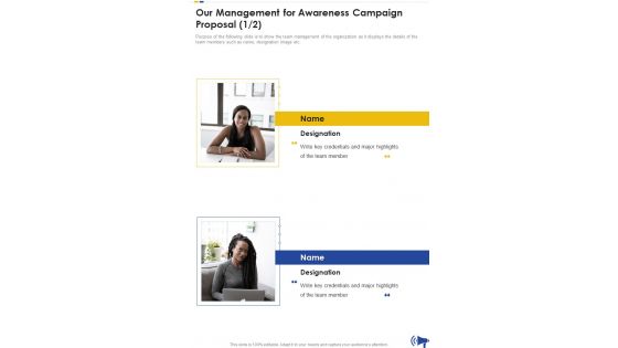 Our Management For Awareness Campaign Proposal One Pager Sample Example Document