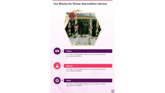 Our Mission For Flower Decorations Service One Pager Sample Example Document