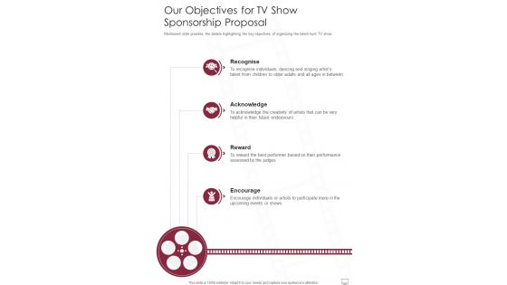 Our Objectives For TV Show Sponsorship Proposal One Pager Sample Example Document