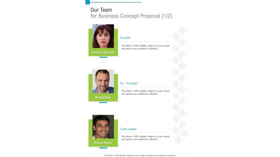 Our Team For Business Concept Proposal One Pager Sample Example Document