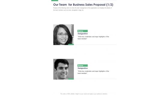 Our Team For Business Sales Proposal One Pager Sample Example Document