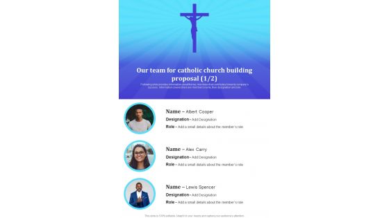 Our Team For Catholic Church Building Proposal One Pager Sample Example Document