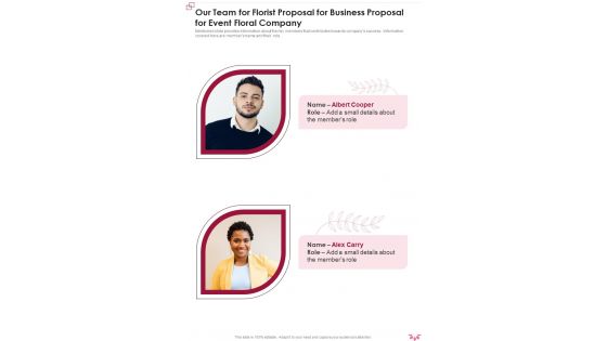 Our Team For Florist Proposal For Business For Event Floral Company One Pager Sample Example Document